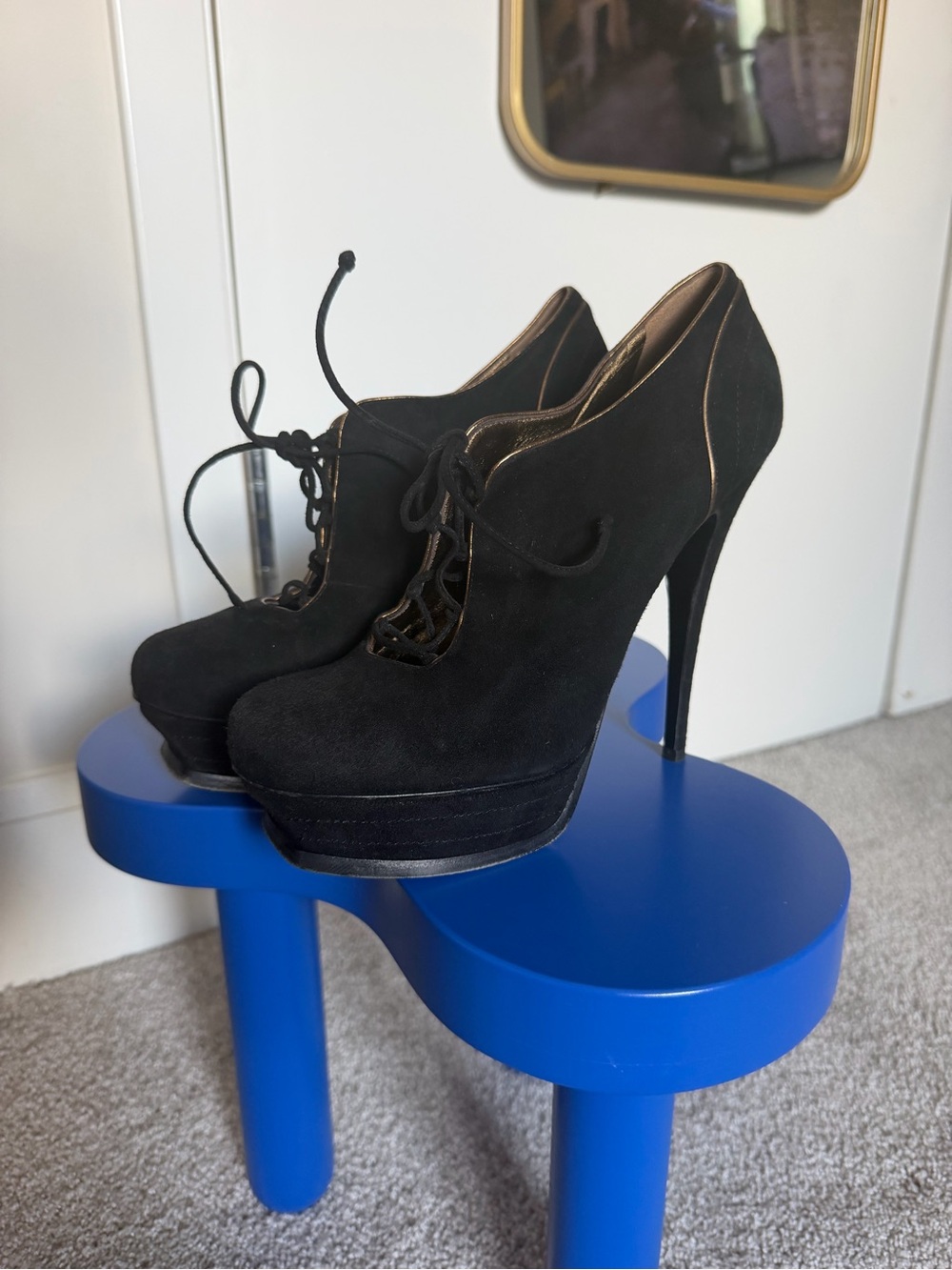 Yves Saint Laurent Black Suede Lace-Up Platform Stilettos